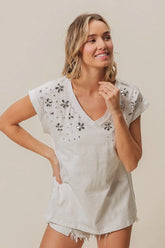 BiBi Slub Jersey Rhinestone V Neck Top OutfitFlow